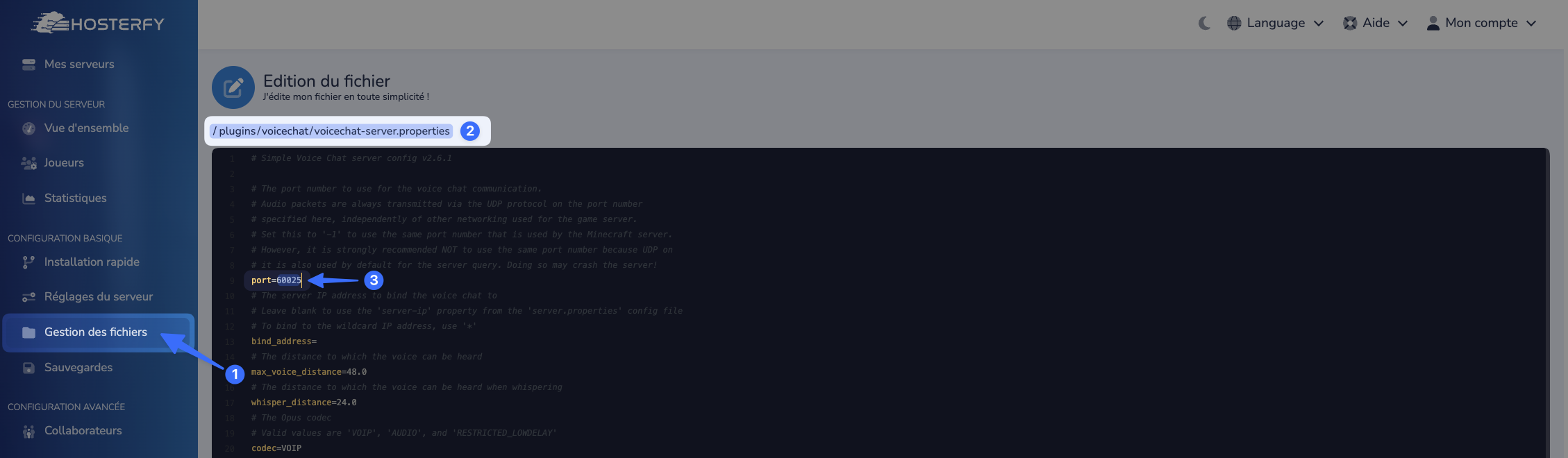 Configuration de SimpleVoiceChat avec le port précédemment généré